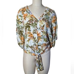 Democracy cold shoulder flutter sleeve Hawaiian floral top w tie front Size L